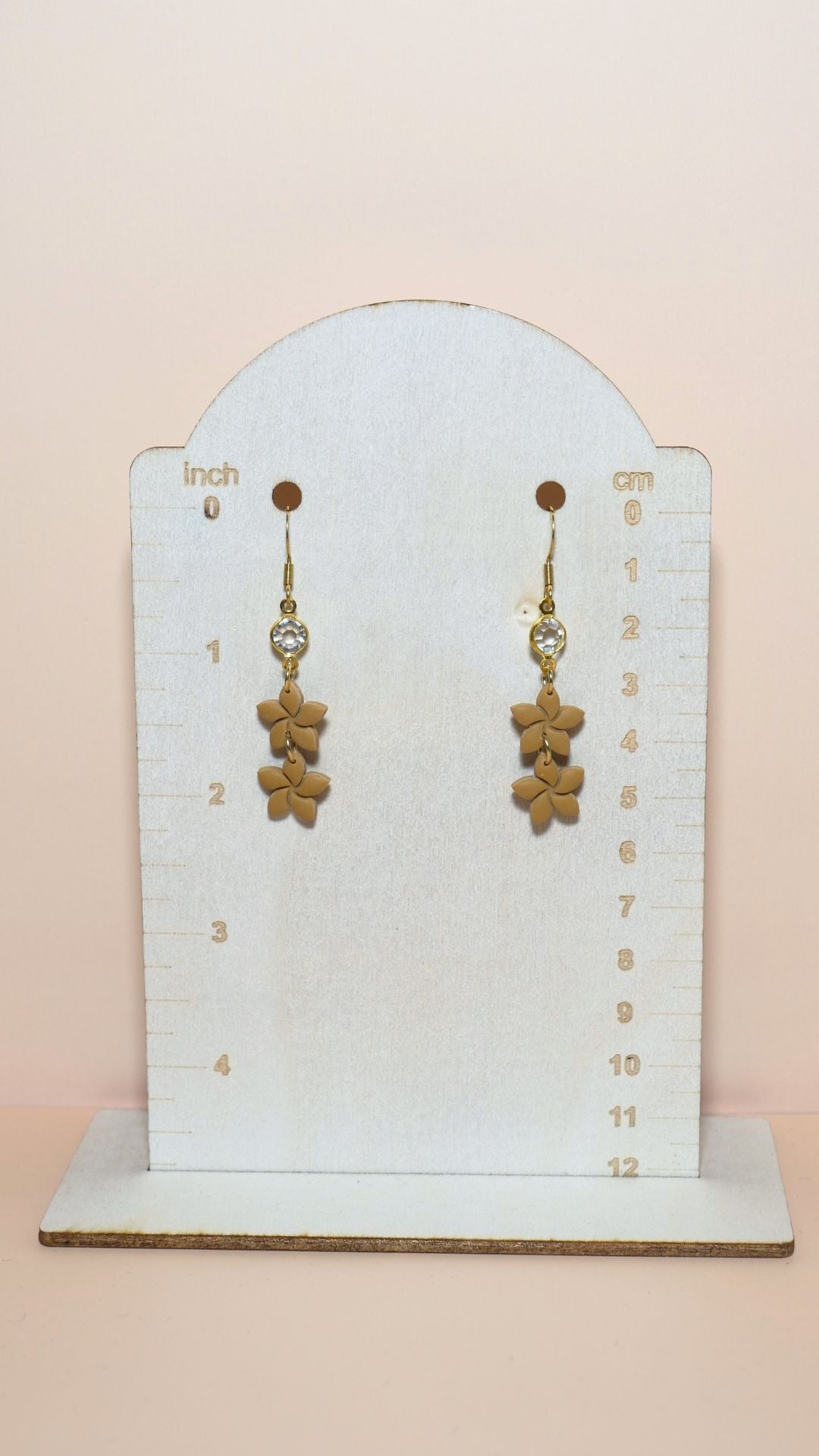 Handmade statement flower stack with gem polymer clay earrings size guide showing scale and measurements – Autumn collection