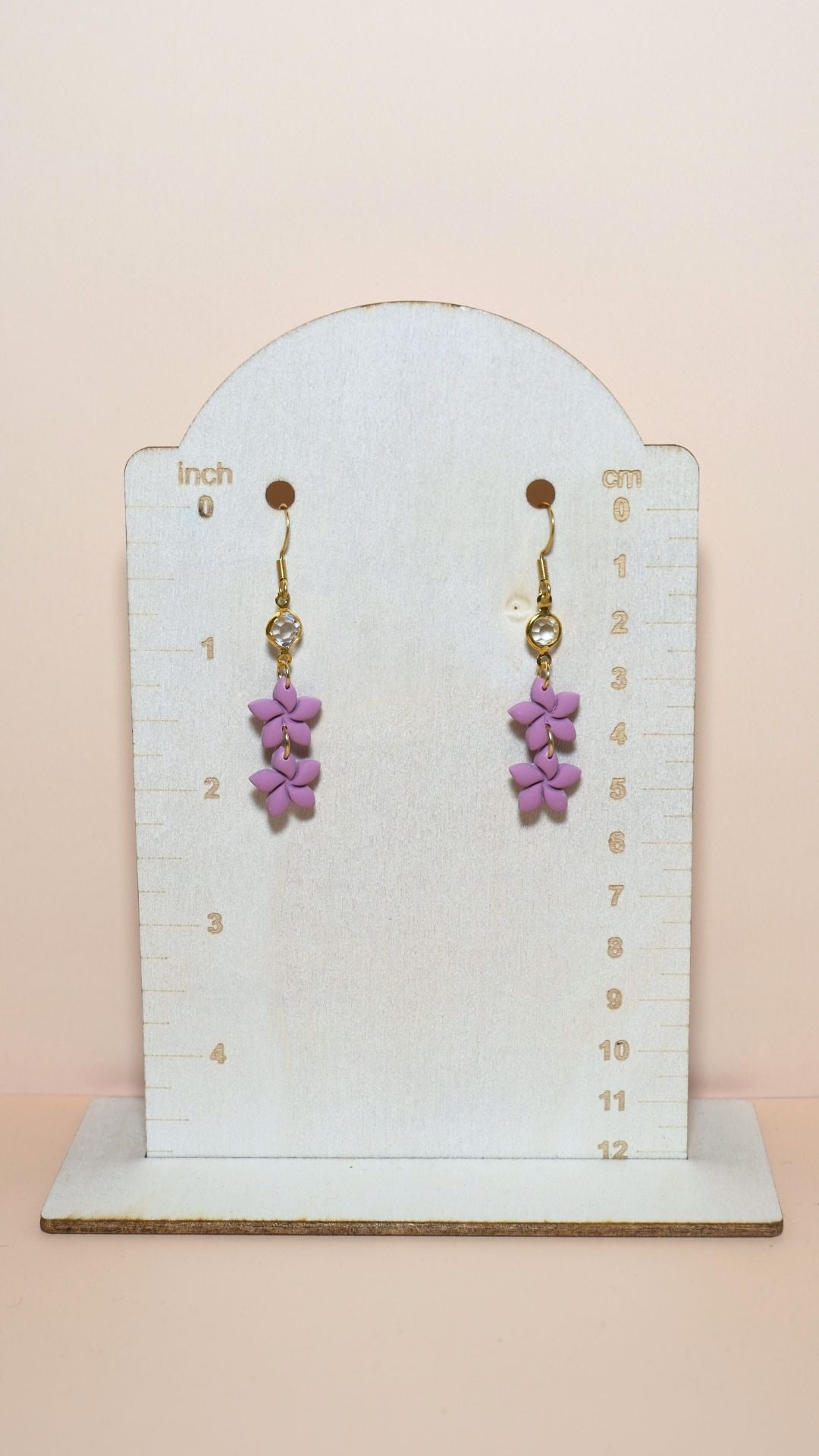 Handmade statement flower stack with gem polymer clay earrings size guide showing scale and measurements – Spring collection