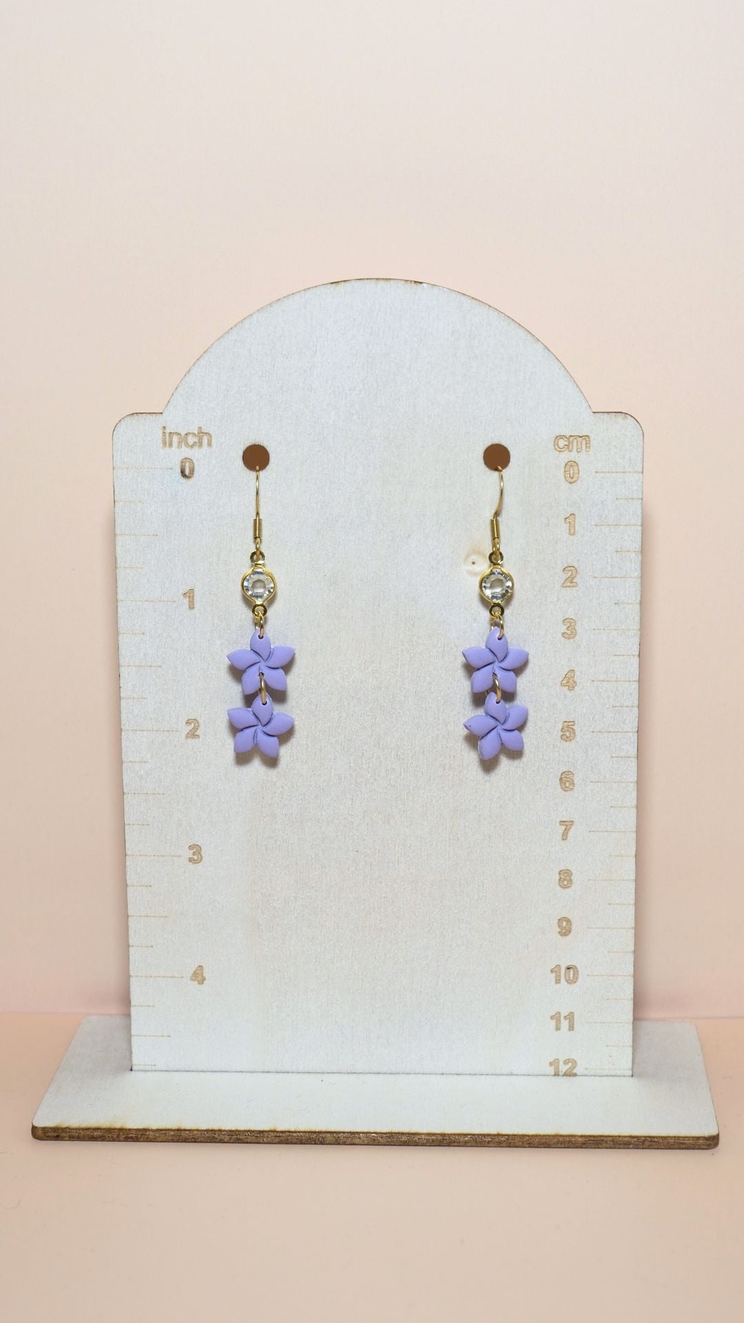 Handmade statement flower stack with gem polymer clay earrings size guide showing scale and measurements – Winter collection