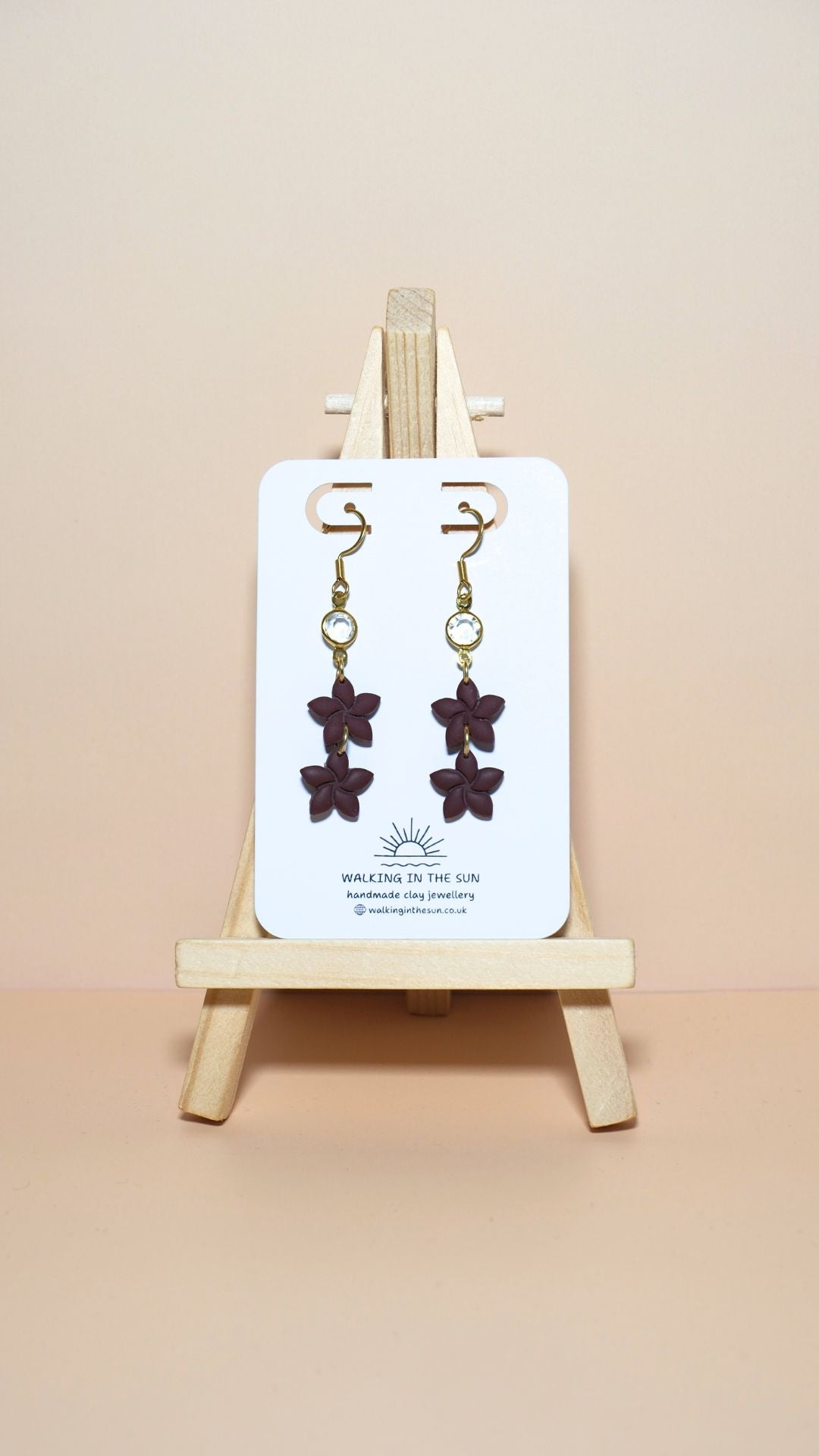 Handmade statement flower stack with gem polymer clay earrings in wine red