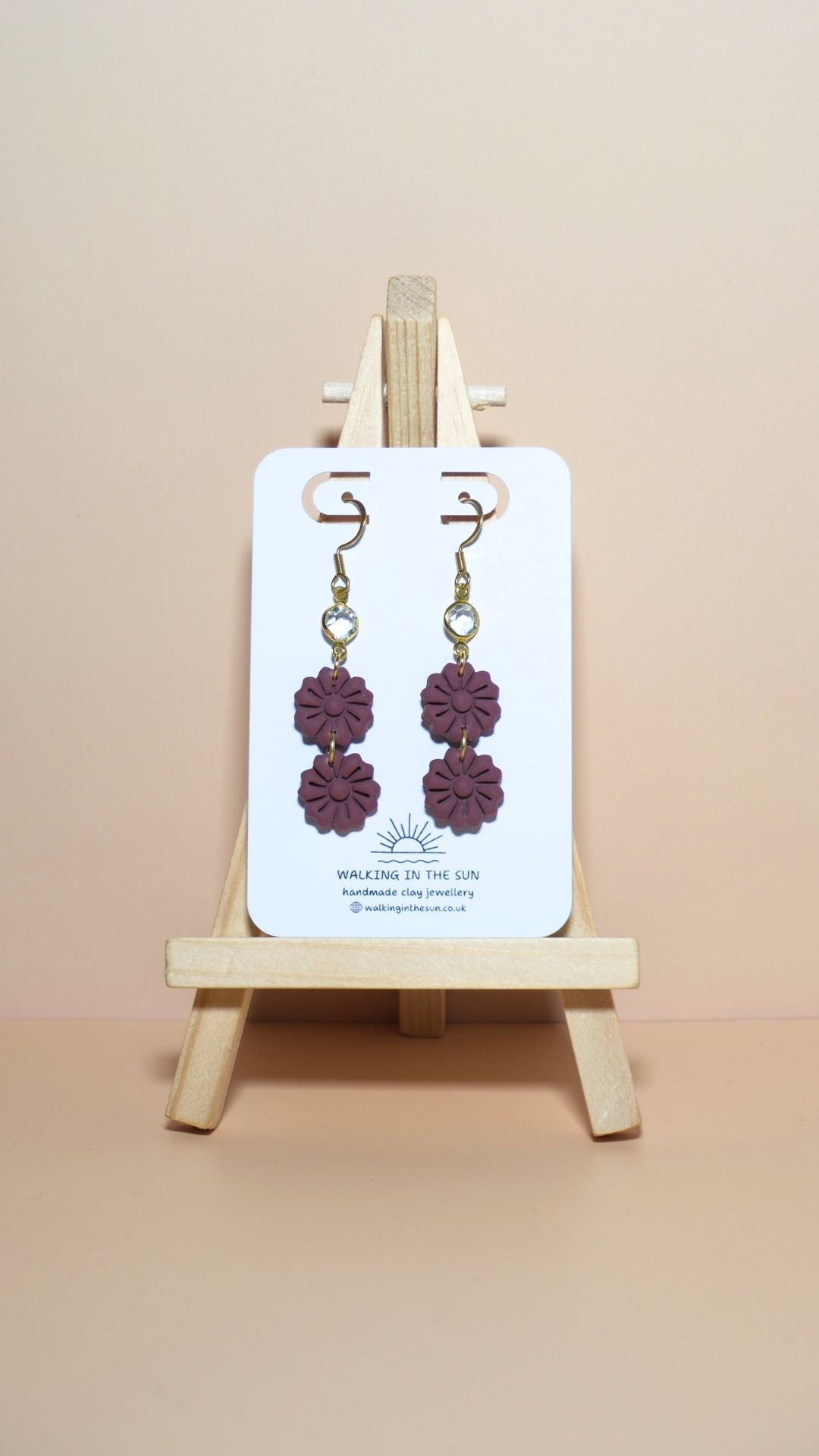Handmade tiered flower stack with gem polymer clay earrings in berry red
