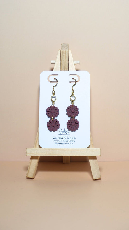 Handmade tiered flower stack with gem polymer clay earrings in berry red