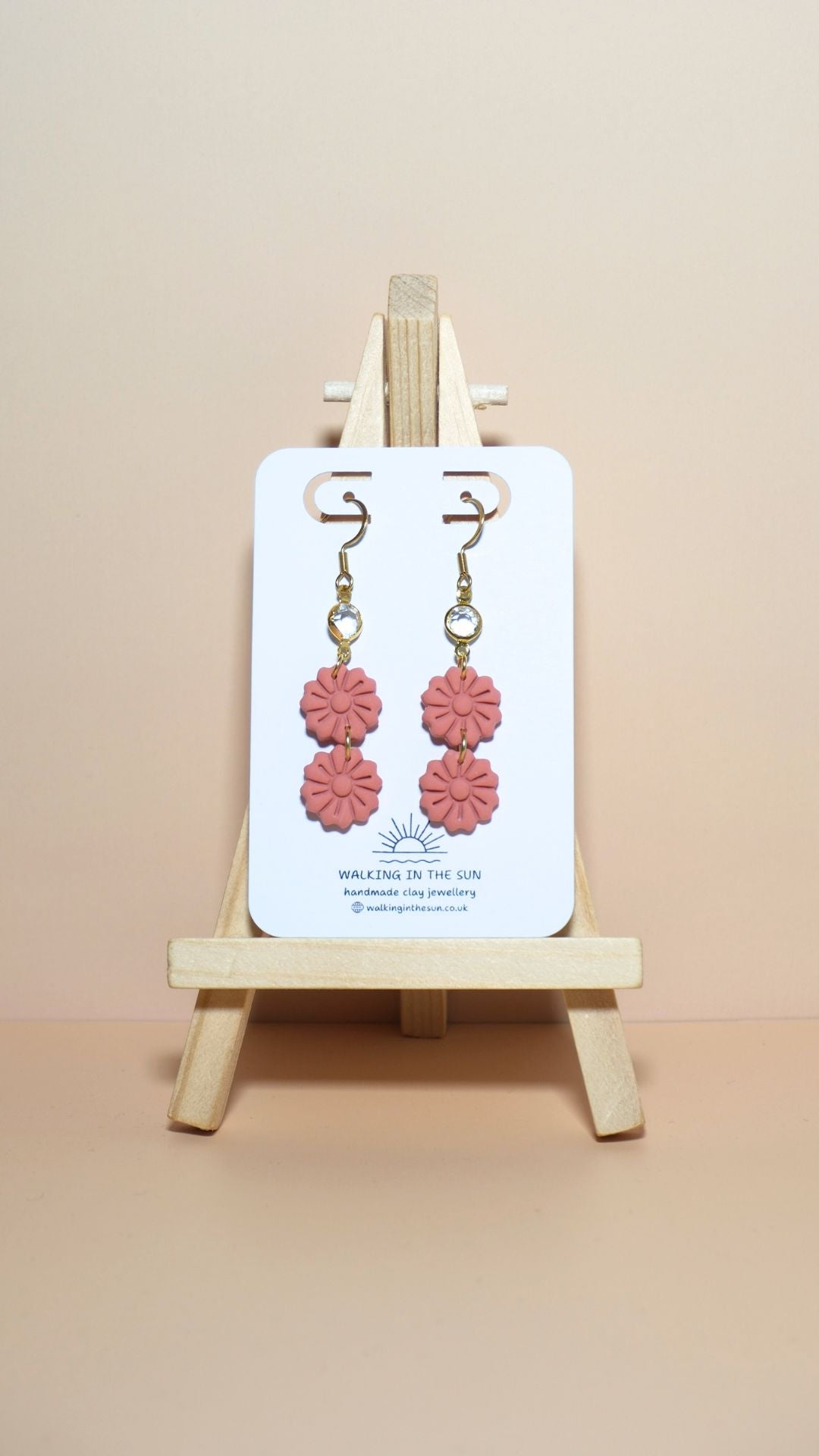 Handmade tiered flower stack with gem polymer clay earrings in coral pink