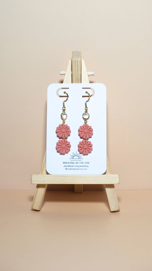 Handmade tiered flower stack with gem polymer clay earrings in coral pink