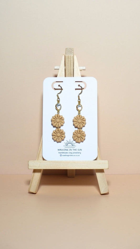 Handmade tiered flower stack with gem polymer clay earrings in daffodil yellow