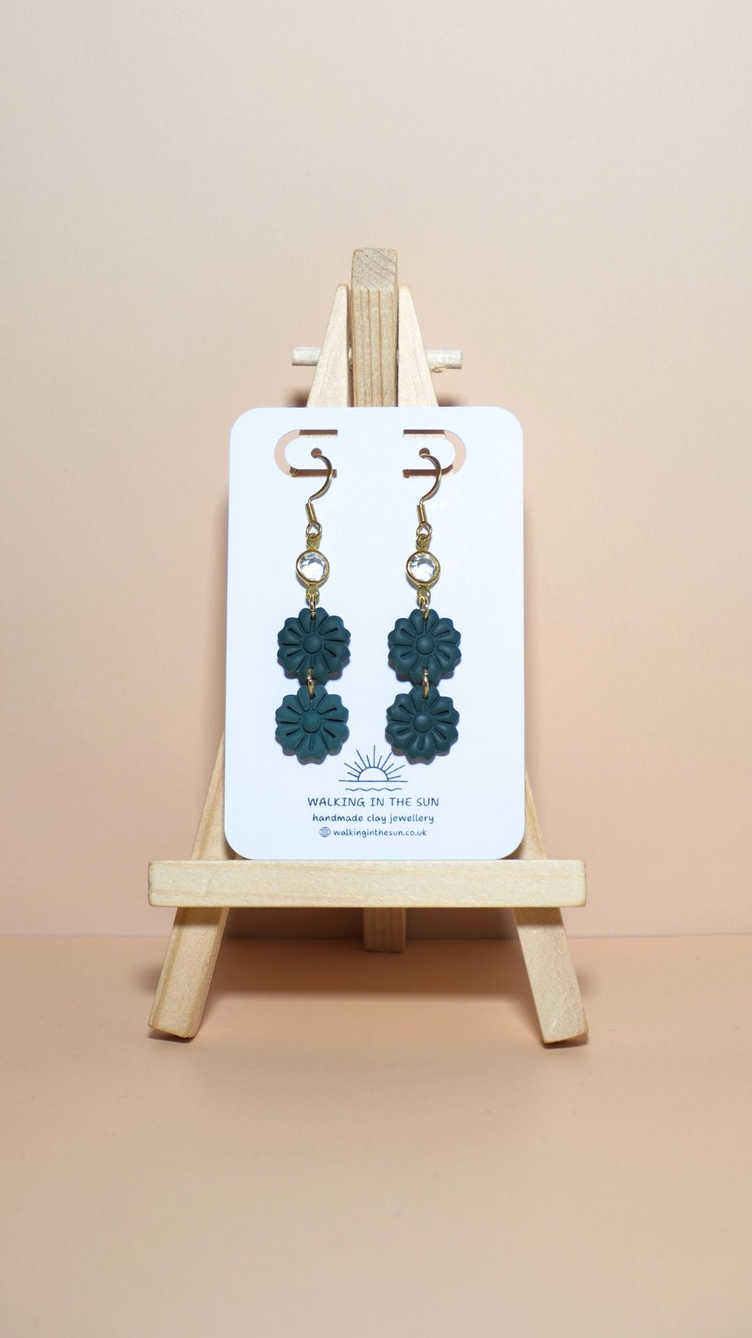 Handmade tiered flower stack with gem polymer clay earrings in forest green