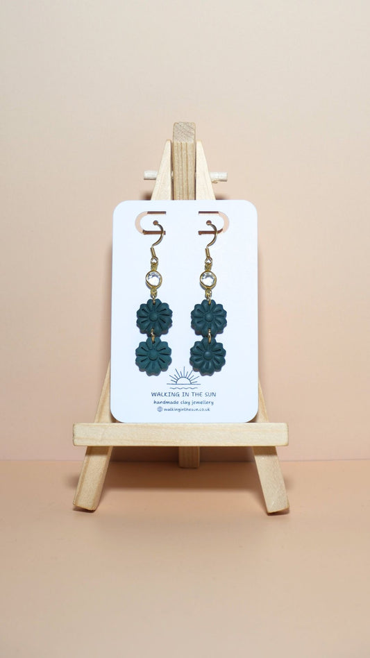 Handmade tiered flower stack with gem polymer clay earrings in forest green