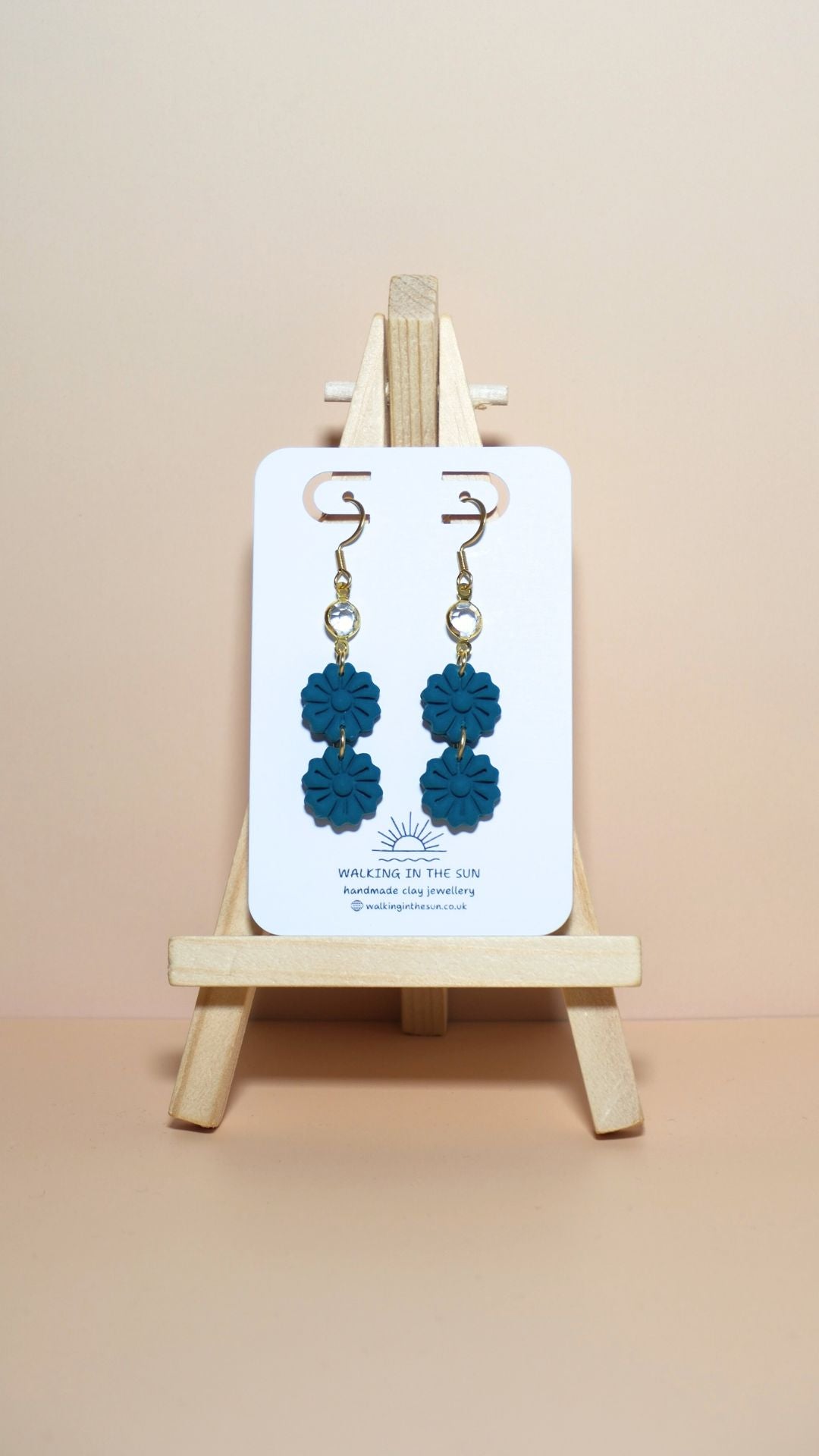 Handmade tiered flower stack with gem polymer clay earrings in ice blue
