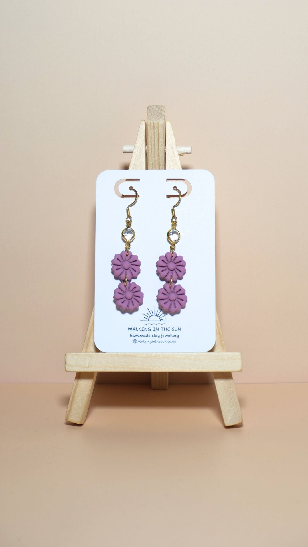 Handmade tiered flower stack with gem polymer clay earrings in magnolia pink