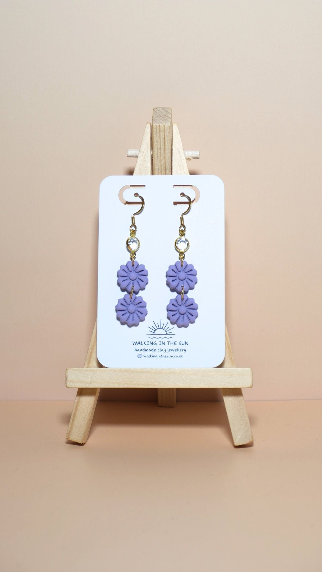 Handmade tiered flower stack with gem polymer clay earrings in orchid lilac