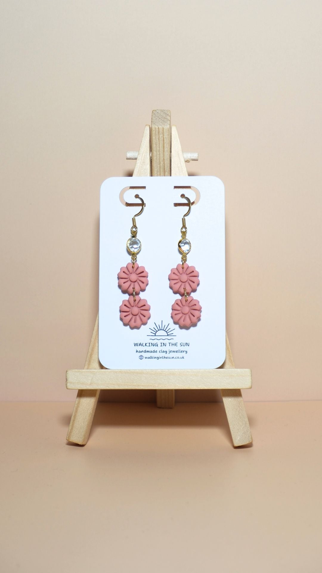 Handmade tiered flower stack with gem polymer clay earrings in peach orange