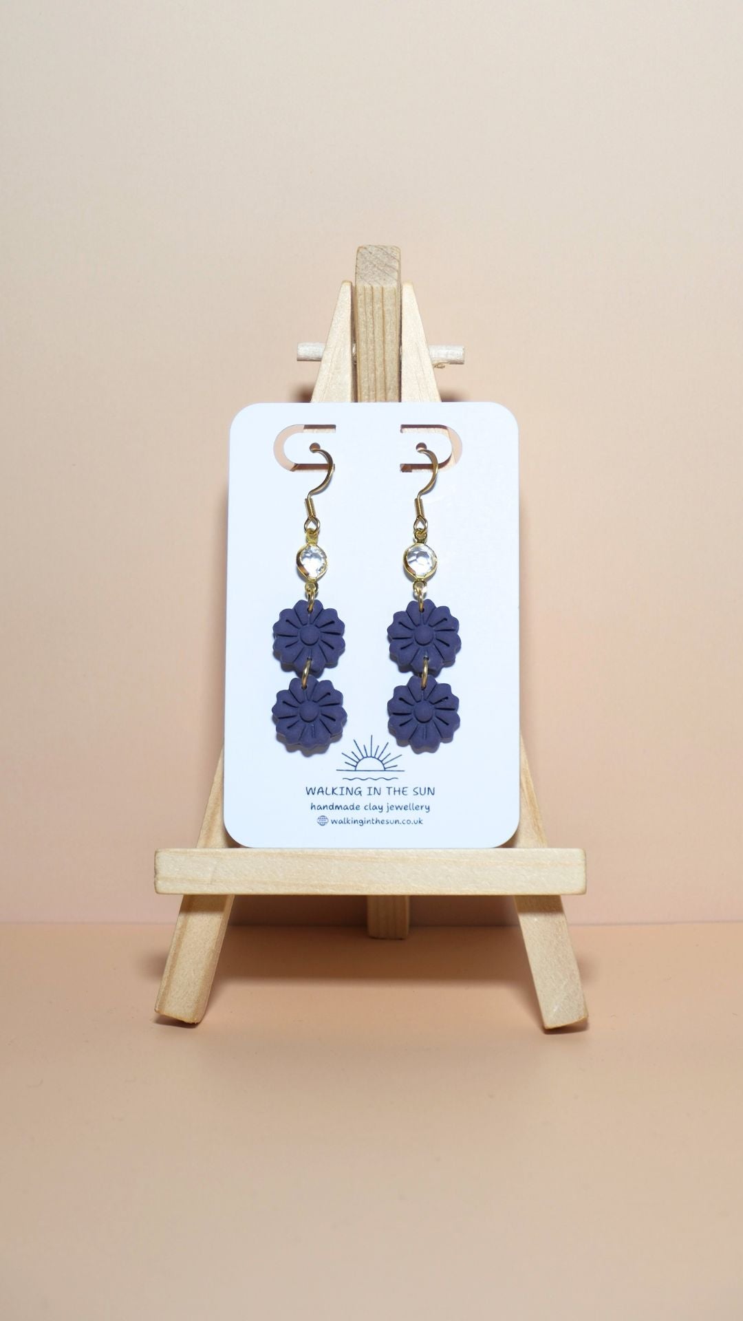 Handmade tiered flower stack with gem polymer clay earrings in plum purple