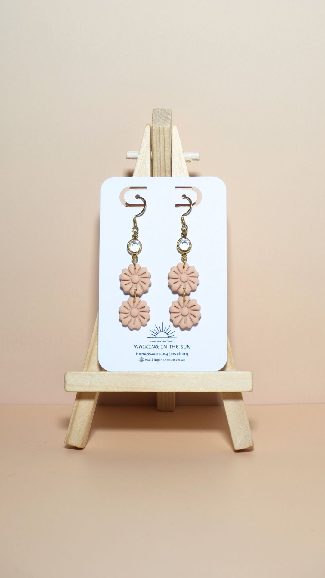 Handmade tiered flower stack with gem polymer clay earrings in sandy beige