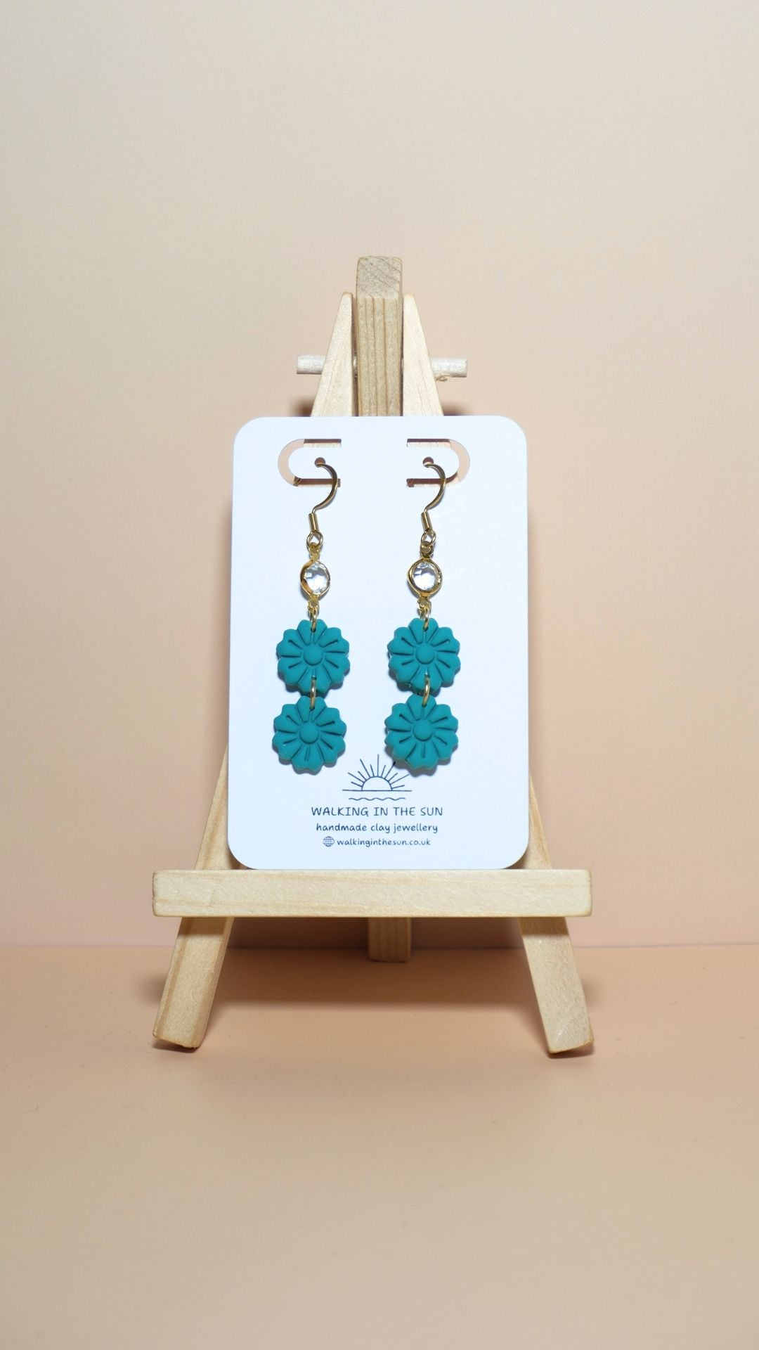 Handmade tiered flower stack with gem polymer clay earrings in sea blue