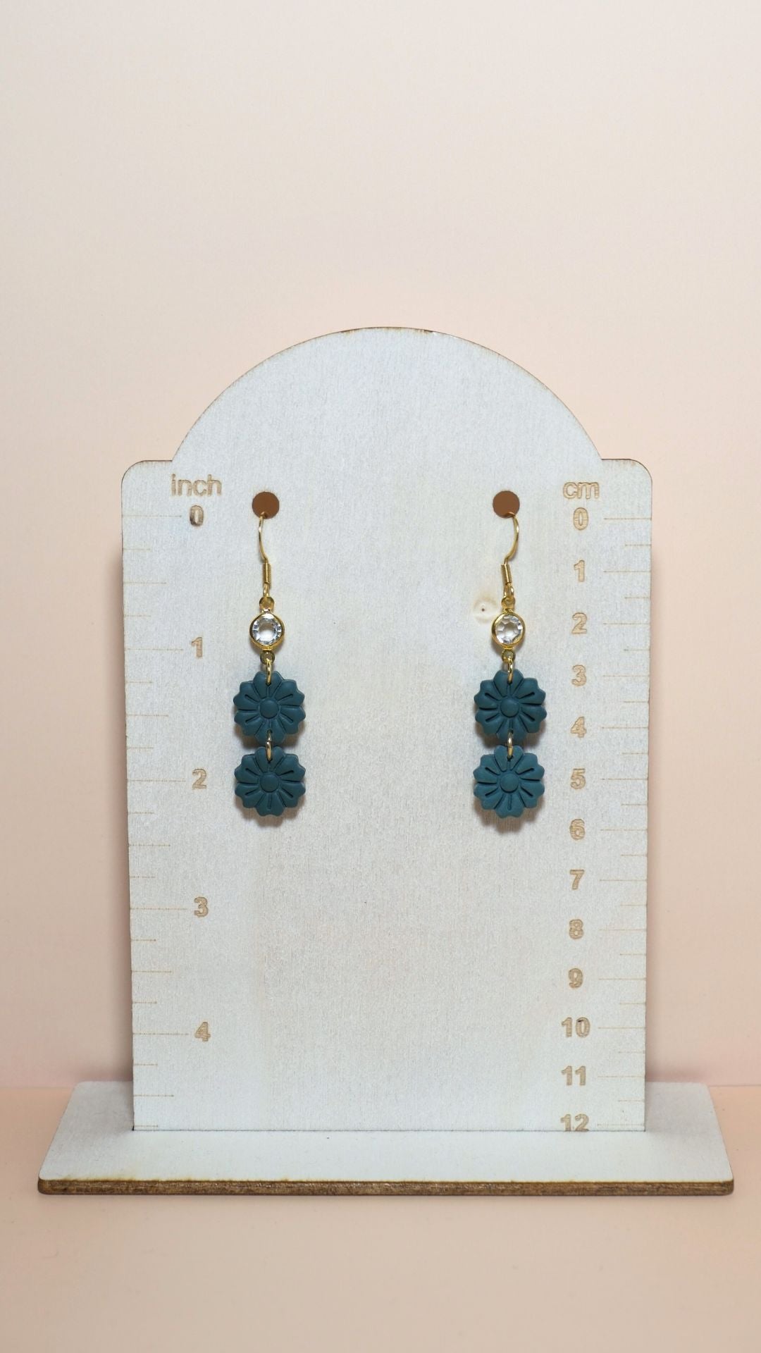 Handmade tiered flower stack with gem polymer clay earrings size guide showing scale and measurements – Autumn collection