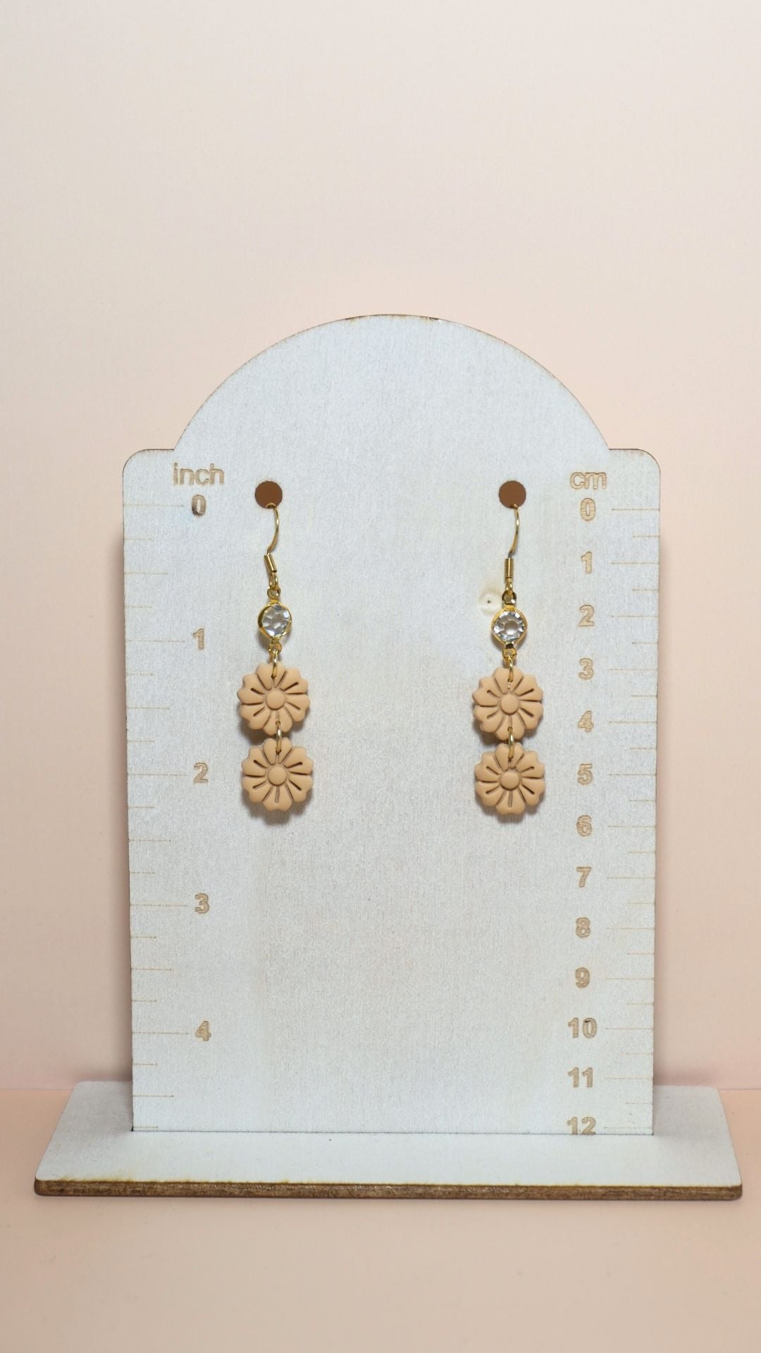 Handmade tiered flower stack with gem polymer clay earrings size guide showing scale and measurements – Spring collection