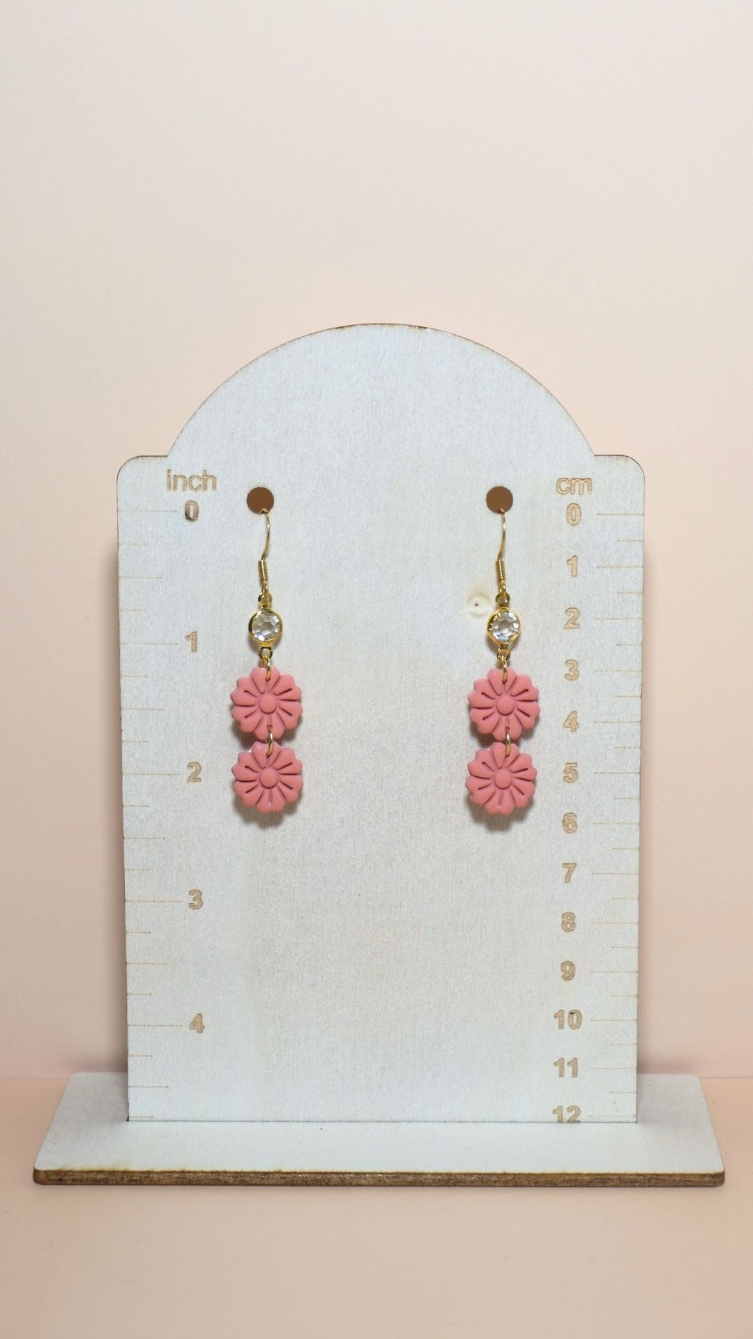 Handmade tiered flower stack with gem polymer clay earrings size guide showing scale and measurements – Summer collection