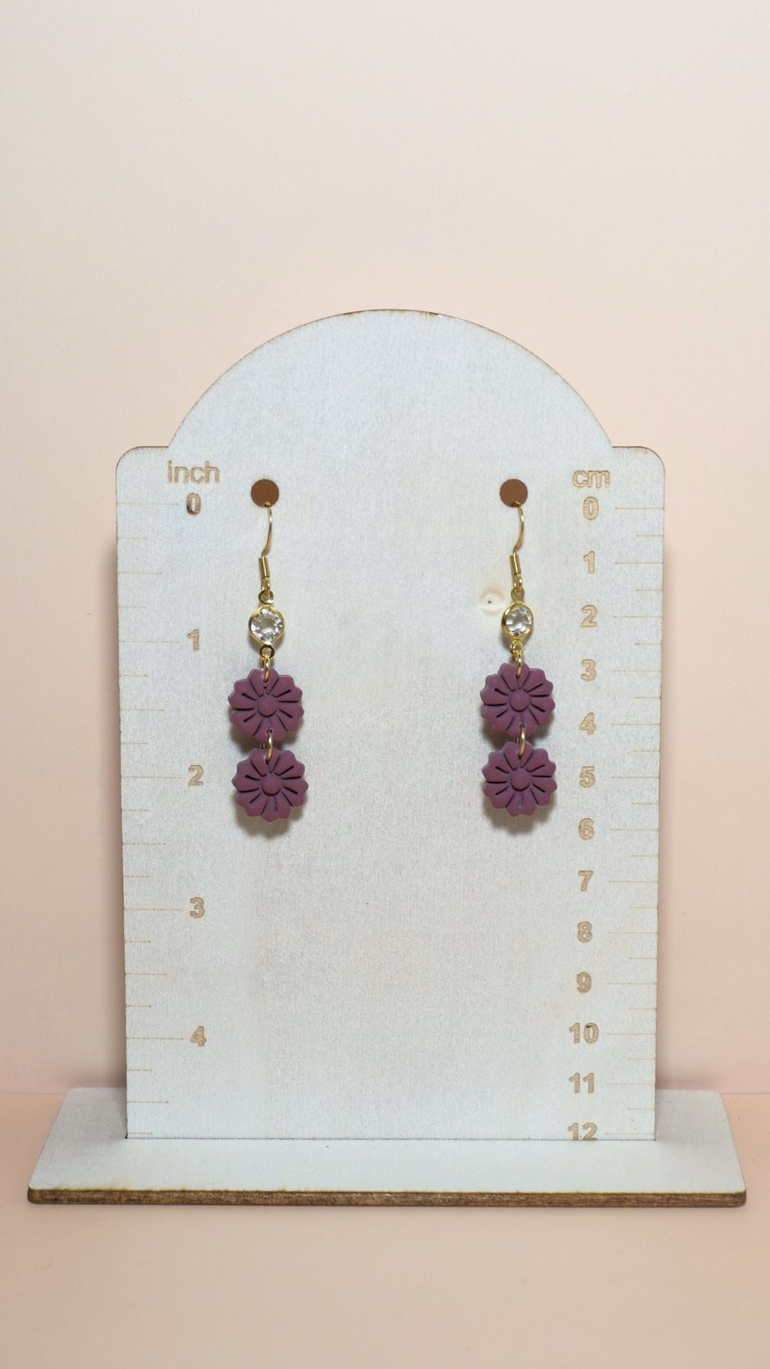 Handmade tiered flower stack with gem polymer clay earrings size guide showing scale and measurements – Winter collection