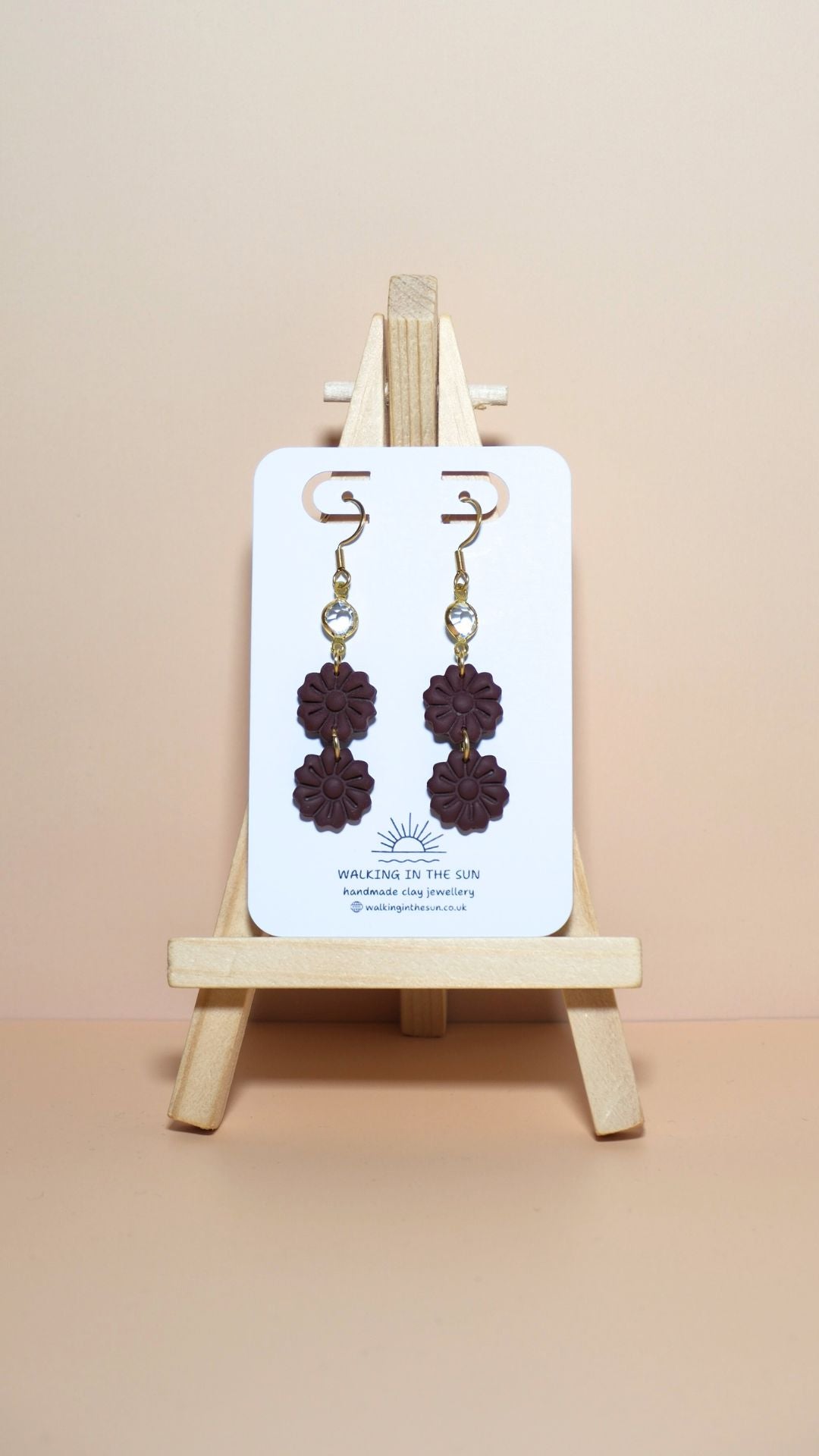 Handmade tiered flower stack with gem polymer clay earrings in wine red